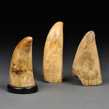 Three Scrimshaw Whale's Teeth and Two Ivory-handled Canes
