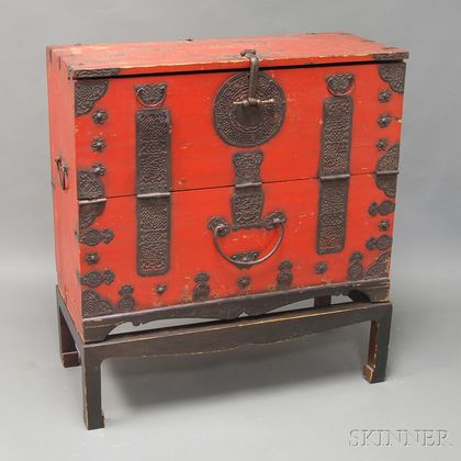 Chinese Red-painted Iron-bound Chest on Stand