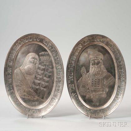 Pair of Silvered Trays Depicting Moses and Aaron