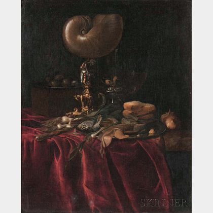 After Willem van Aelst (Dutch, 1627-after 1687) Elaborate Still Life with Fish, Bread, and Nautilus Cup