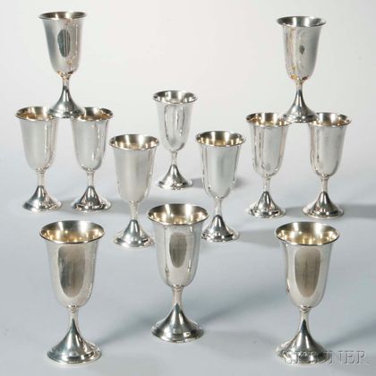 Set of Twelve Sterling Silver Gold-washed Wine Goblets