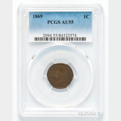 1869 Indian Head Cent, PCGS AU55. Estimate $300-500