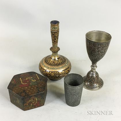 Three Persian Metal Vessels and a Hexagonal Lacquered Box