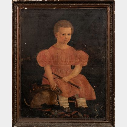 American School, 19th Century Seated Child in a Pink Dress with Rabbit and Jester Doll
