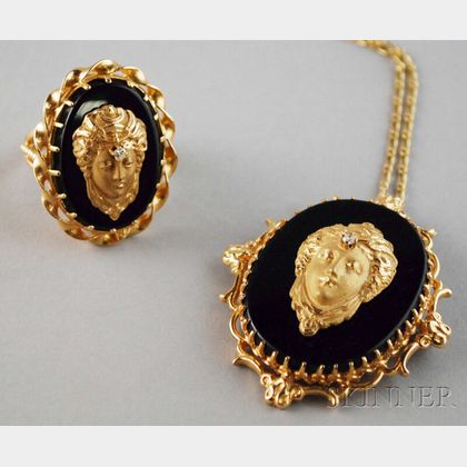 14kt Gold, Onyx, and Diamond Cameo Pendant/Brooch and Ring