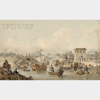 William Alexander (British, 1767-1816) Chinese Barges of the Embassy Preparing to Pass Under a Bridge