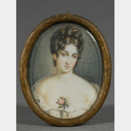 Portrait Miniature of a Young Woman Wearing a White Gown with a Pink Rose