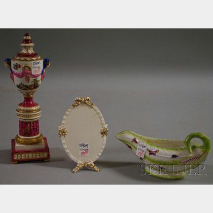 Chelsea Porcelain Gravy Boat, a Porcelain Urn, and a Worcester Flower Stand. Estimate $200-250