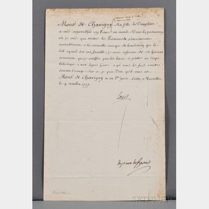 Louis XV, King of France (1710-1774) Document with Secretarial Signature