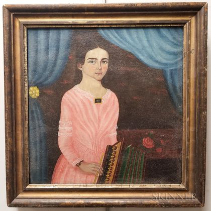 American School, 19th Century Girl in a Pink Dress Playing an Accordion
