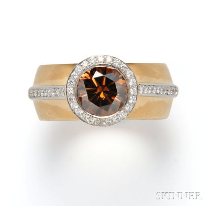 18kt Gold, Platinum, Colored Diamond, and Diamond "High Halo" Ring, Etienne Perret
