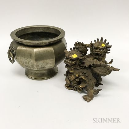Brass Urn and Pair of Metal Shishi Lions