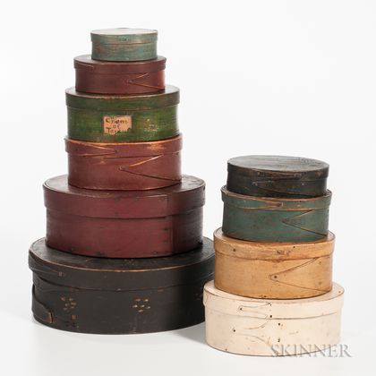 Stack of Ten Painted Oval Pantry Boxes