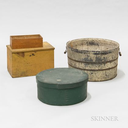 White-painted Washtub and Two Painted Pine Boxes