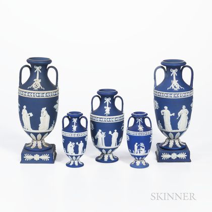 Five Wedgwood Dark Blue Jasper Dip Vases