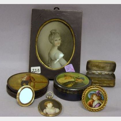 French Brass Tobacco Box, Three Framed Miniature Portraits, an Early Portrait Photograph Brooch, a Lithograph Tin and a Papier-Mache To