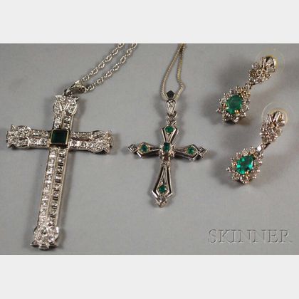 Two Gold, Diamond, and Emerald Cross Pendants and a Pair of Earrings