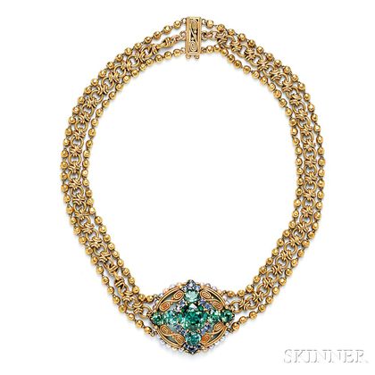 Arts & Crafts 18kt Gold, Tourmaline, and Sapphire Necklace, Tiffany & Co.
