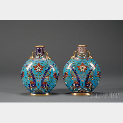 Pair of Minton Porcelain Christopher Dresser Design Pilgrim Vases
