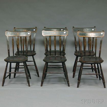 Set of Six Windsor Grained, Stenciled, and Paint-decorated Arrow-back Side Chairs. Estimate $200-400