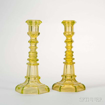 Pair of Canary Yellow Pressed Glass Hexagonal Candlesticks