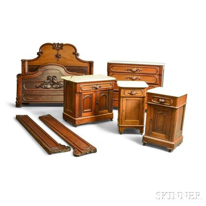 Assembled Five-piece Rococo Revival Carved Walnut Bedroom Suite. Estimate $300-500