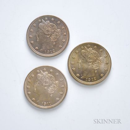 1911, 1912, and 1912-D Liberty Head Nickels. Estimate $100-150