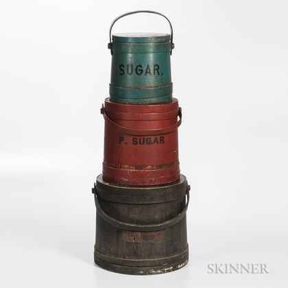 Three Painted and Stenciled Lidded Pails