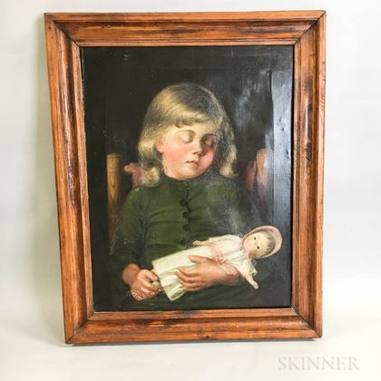 Framed Oil on Canvas Portrait of a Sleeping Girl with a Doll