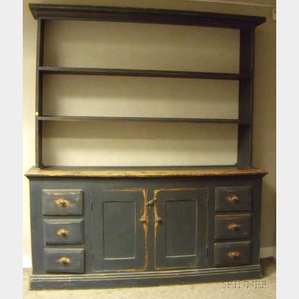 Country Blue-painted Wooden Two-part Pewter Cupboard