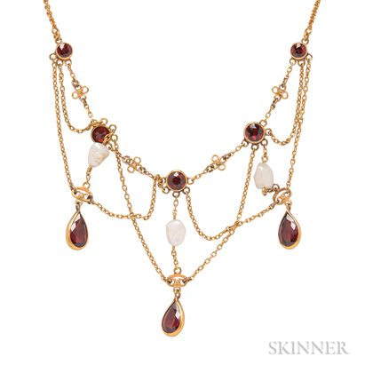 Art Nouveau 14kt Gold, Garnet, and Freshwater Pearl Necklace
