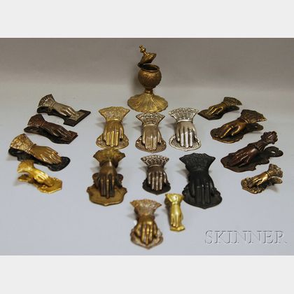 Collection of Metal Hand-shaped Letter/Paper Clips and a Cast Brass Inkwell