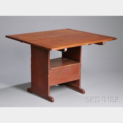Red-painted Pine Breadboard-top Hutch Table