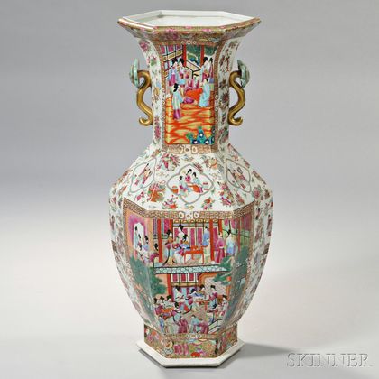 Large Rose Medallion Porcelain Vase with Brass Handles
