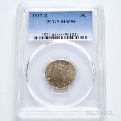 1912-S Liberty Head Nickel, PCGS MS65+. Estimate $1,000-1,500