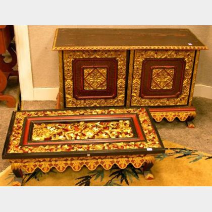 Chinese Gilt and Painted Carved Hardwood Cabinet and Low Table. 