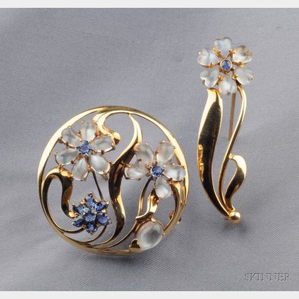 Two Retro 14kt Gold, Moonstone, and Sapphire Flower Brooches