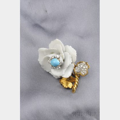 18kt Gold, Porcelain, Diamond and Turquoise Clip Brooch, David Webb