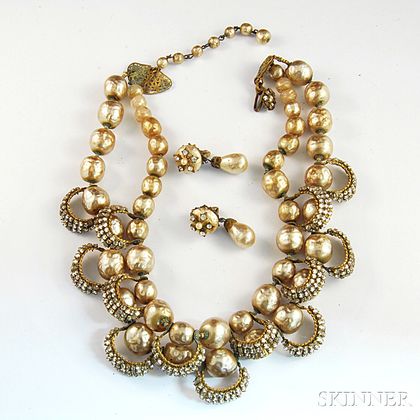 Miriam Haskell Scalloped Faux Baroque Pearl and Rhinestone Necklace