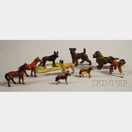 Nine Assorted Small Painted Cast Iron, Bronze, and Other Metal Dog and Horse Figures 