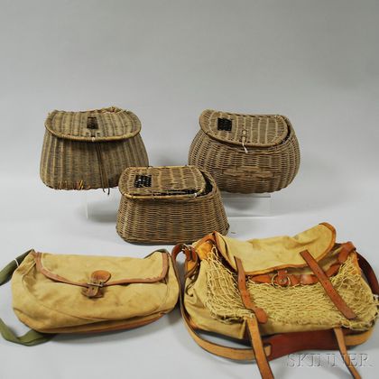 Three Wicker Fishing Creels and Two Vintage Leather-trimmed Canvas Fishing/Hunting Bags. Estimate $50-75