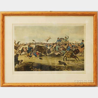 Framed Hand-colored Lithograph Bull Broke Loose.