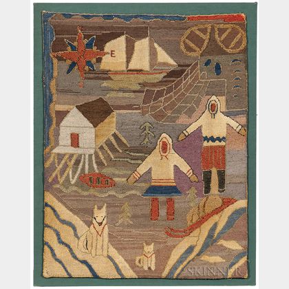 Figures, Dogs, and Harbor Scene Hooked Mat