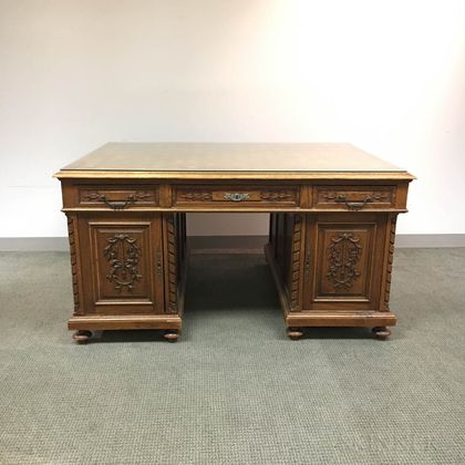 Parquetry Carved Oak Partner's Desk