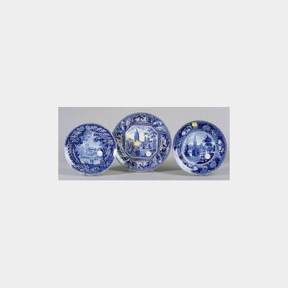 Three Blue and White Transfer Decorated Staffordshire Plates