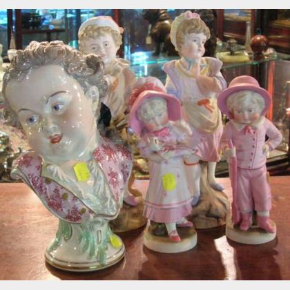 Two Pairs of German Polychrome Decorated Bisque Figures of Children and a Modern Vienna-style Porcelain Portrait Bust