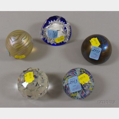 Five Internally Decorated and Colorless Glass Paperweights