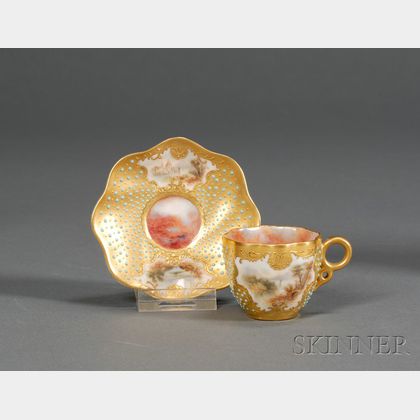 Jeweled Coalport Porcelain Demitasse Cup and Saucer