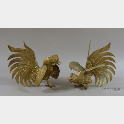 Pair of Brass Fighting Cocks Table Ornaments