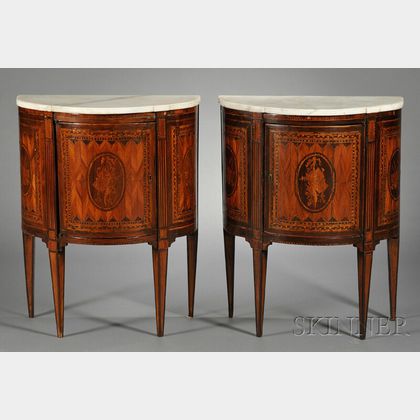Pair of Demilune Marquetry-inlaid Marble-top Cabinets